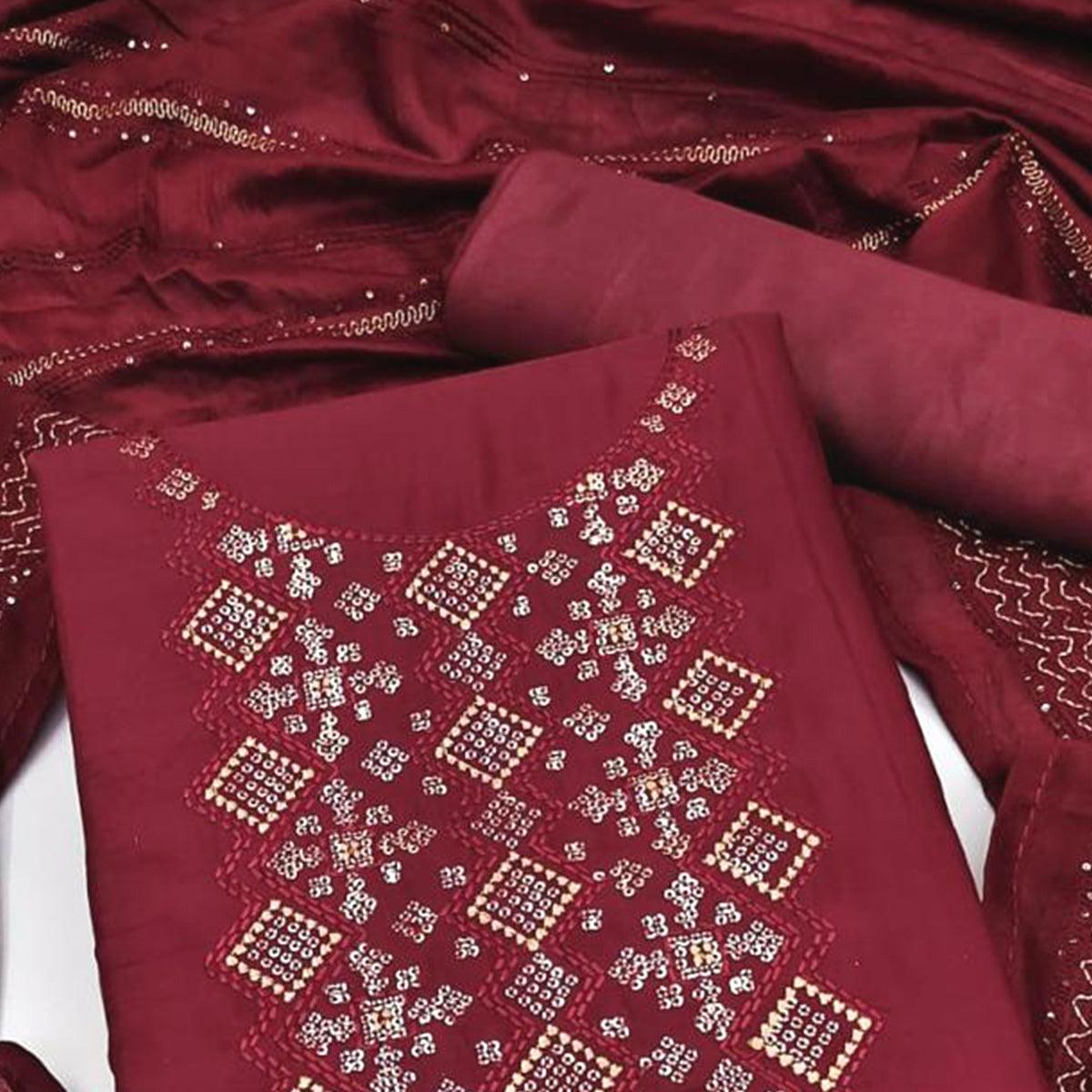 Maroon Embroidered Art Silk Dress Material - Peachmode