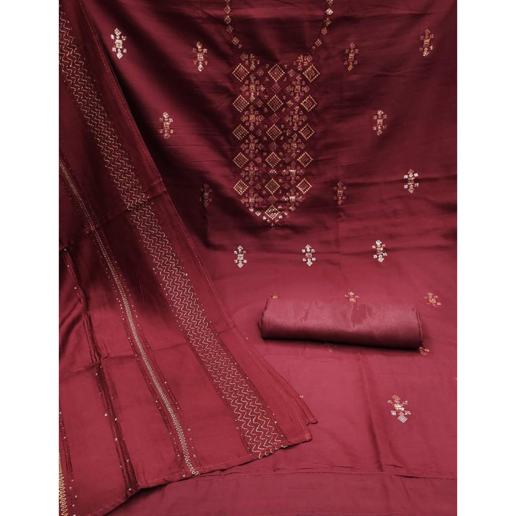 Maroon Embroidered Art Silk Dress Material - Peachmode