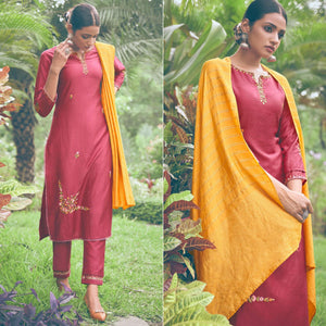 Maroon Embroidered Chiffon Kurti Pant Set with Dupatta - Peachmode