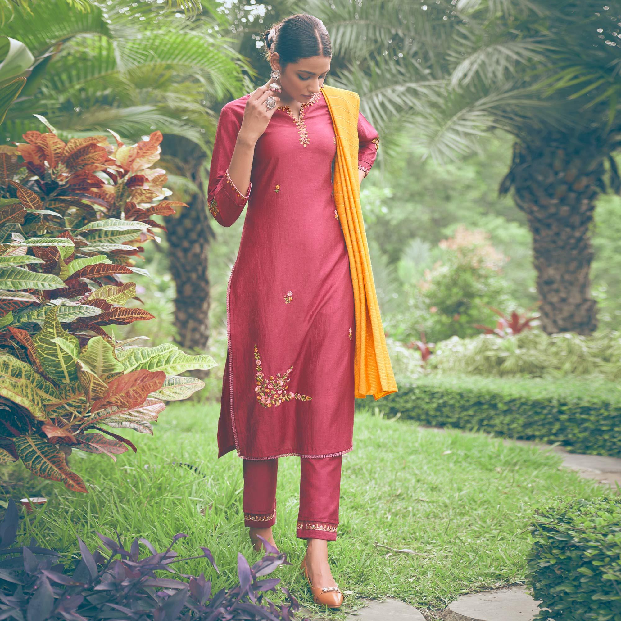 Maroon Embroidered Chiffon Kurti Pant Set with Dupatta - Peachmode