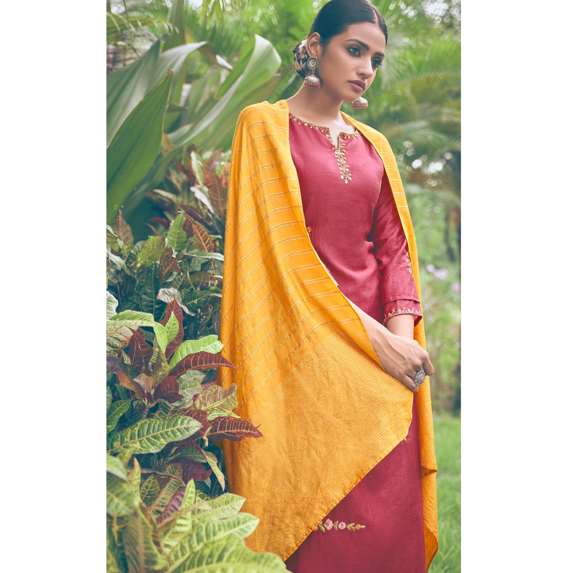Maroon Embroidered Chiffon Kurti Pant Set with Dupatta - Peachmode