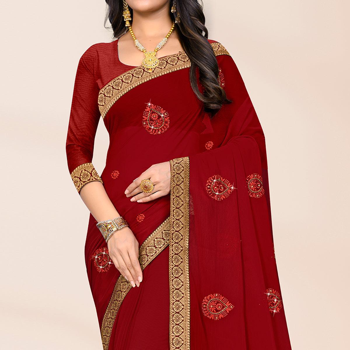 Maroon Embroidered Chiffon Saree - Peachmode