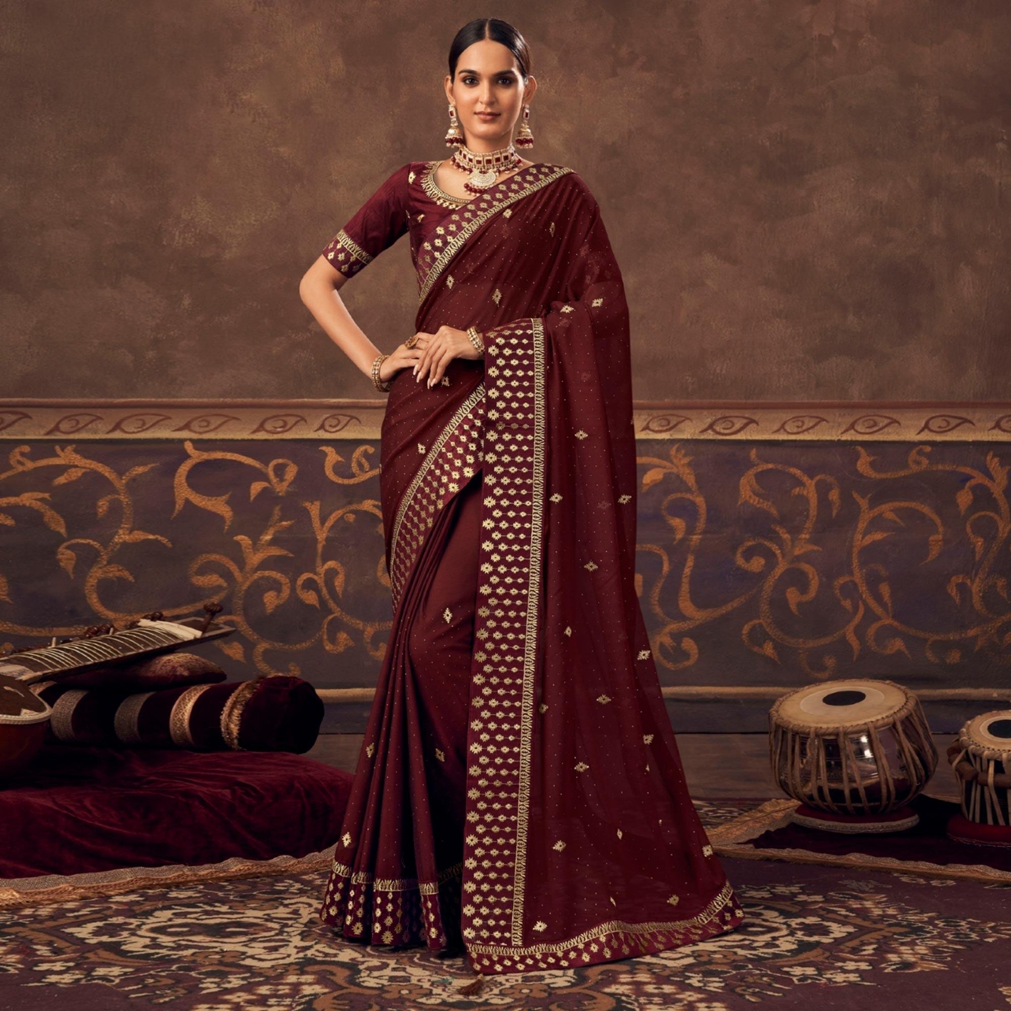 Maroon Embroidered Chiffon Saree - Peachmode