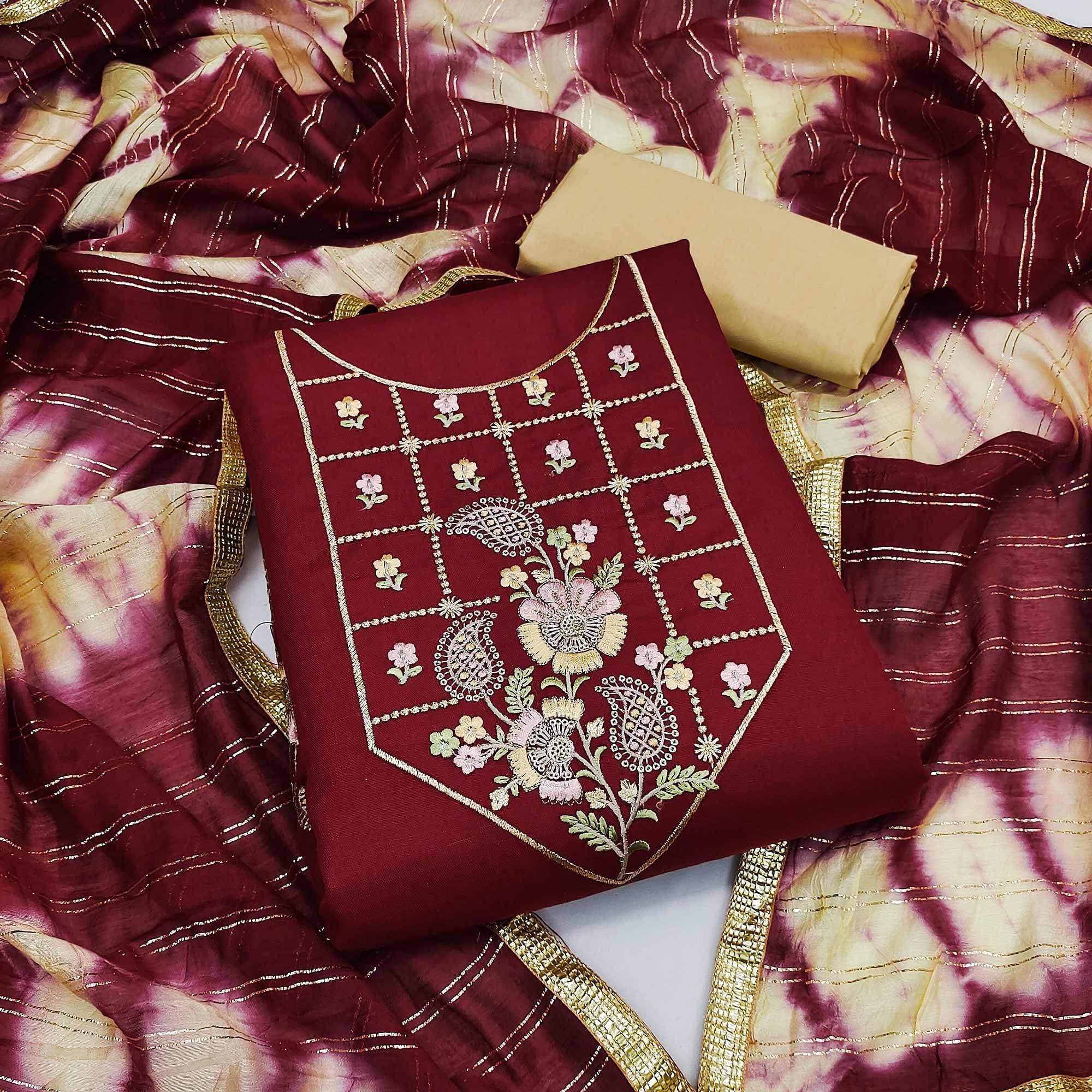 Maroon Embroidered Cotton Dress Material - Peachmode