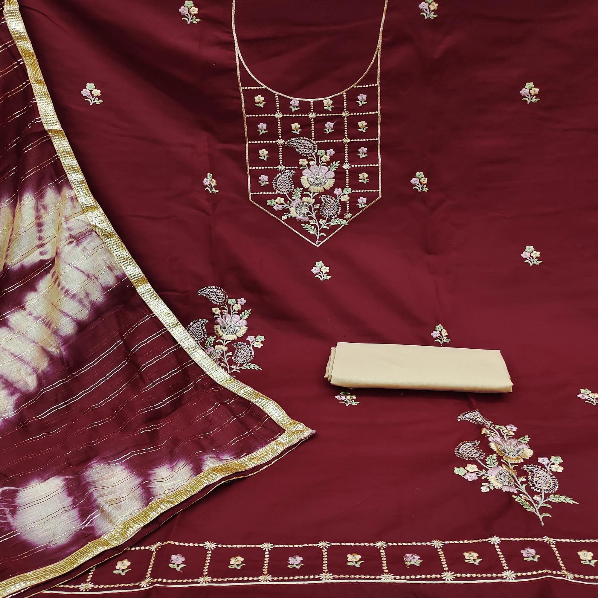 Maroon Embroidered Cotton Dress Material - Peachmode
