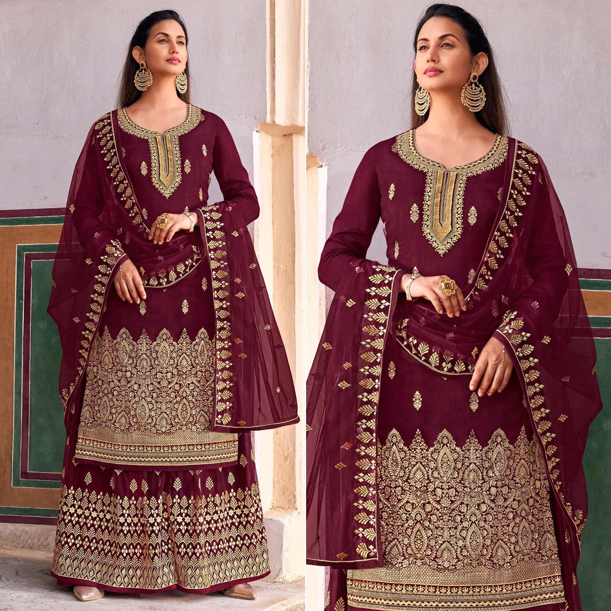 Maroon Embroidered Dola Silk Palazzo Suit - Peachmode