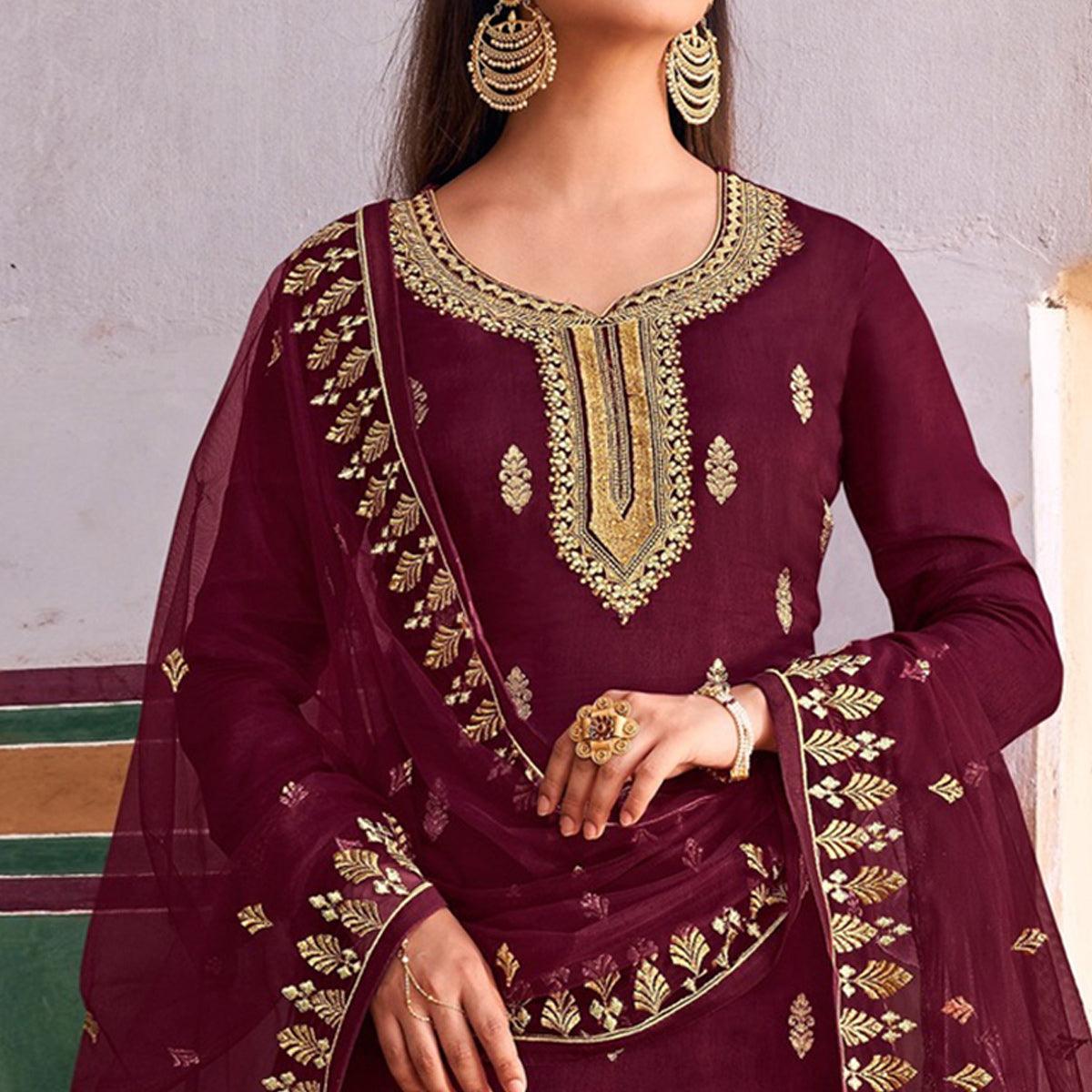 Maroon Embroidered Dola Silk Palazzo Suit - Peachmode