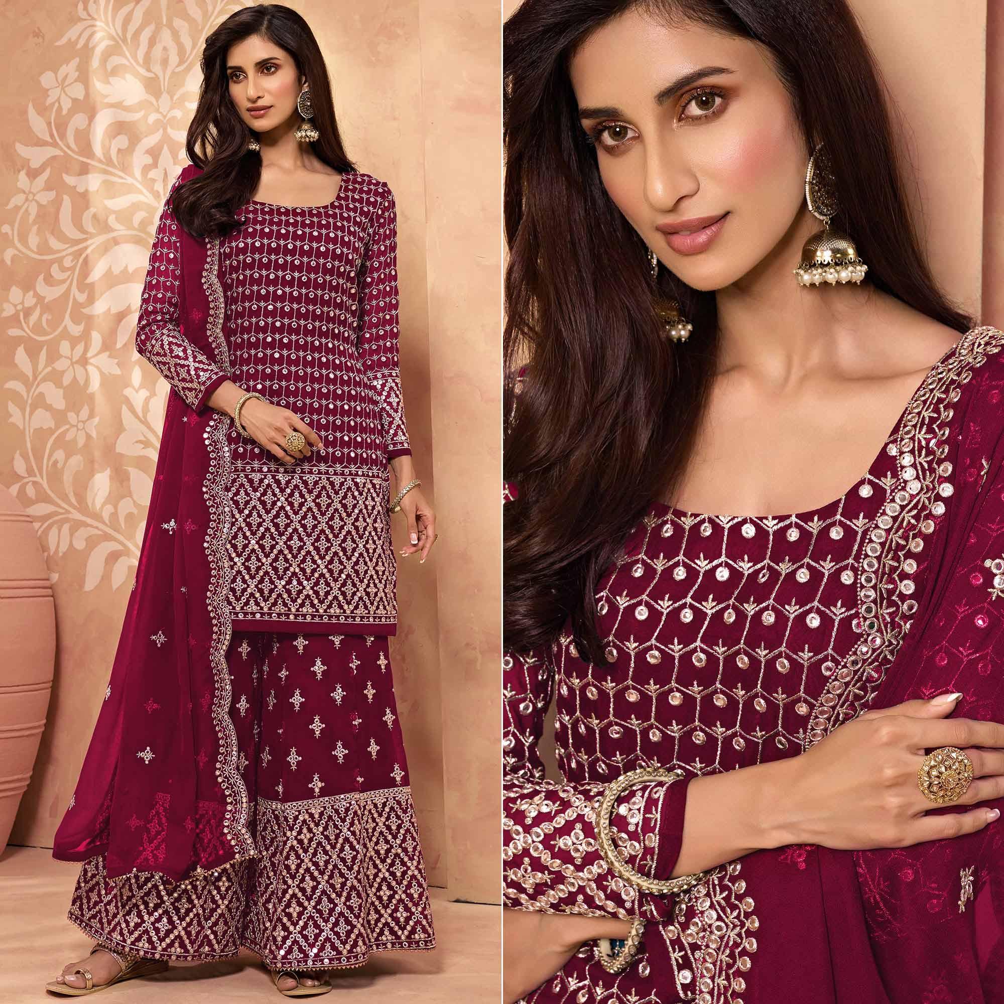 Maroon Embroidered-Embellished Georgette Sharara Suit - Peachmode