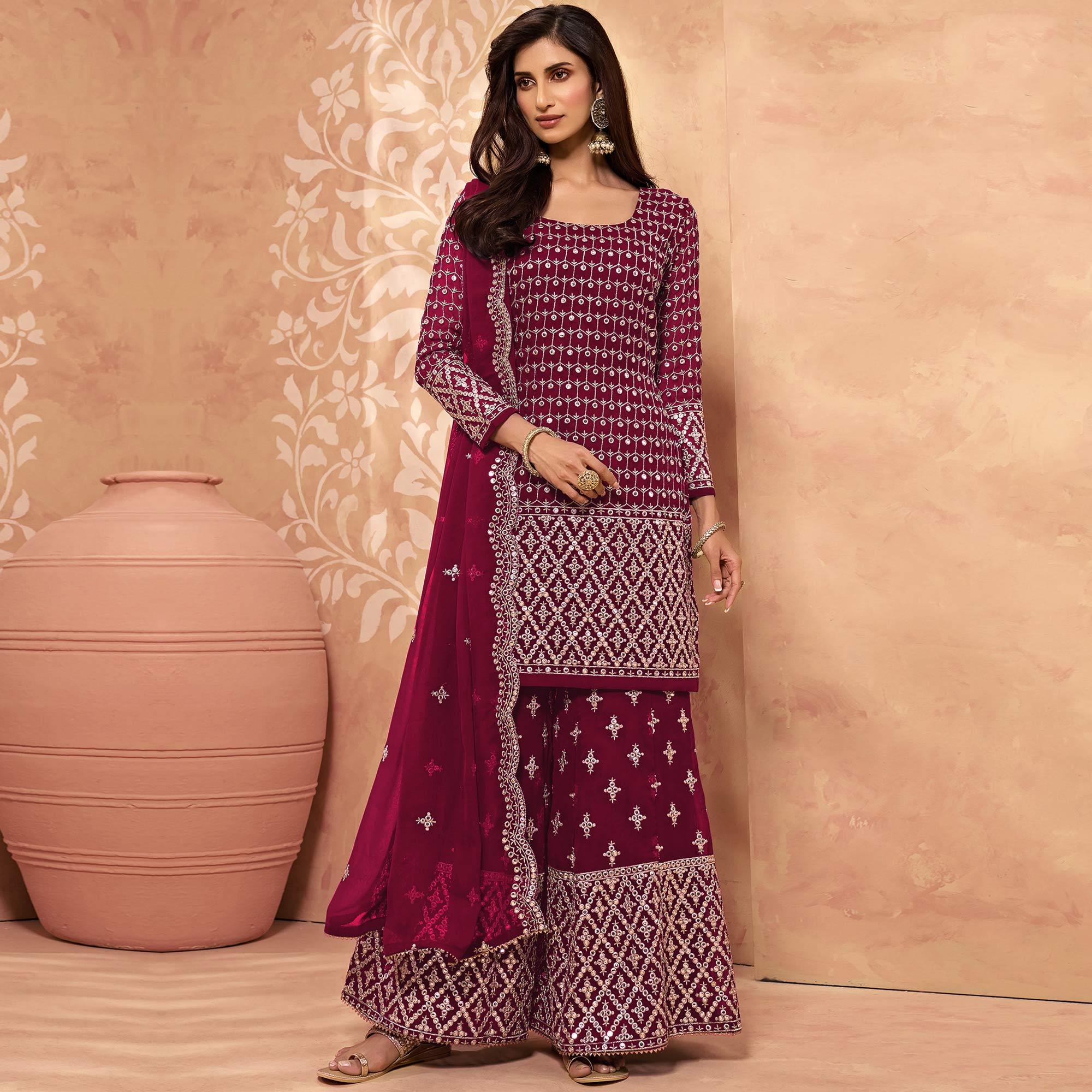 Maroon Embroidered-Embellished Georgette Sharara Suit - Peachmode