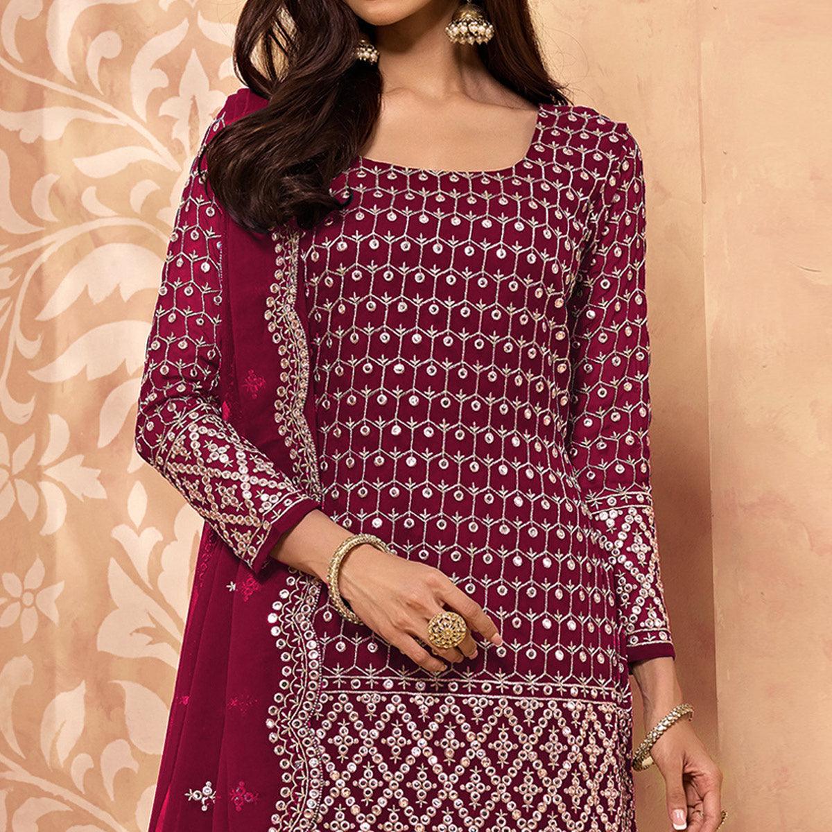 Maroon Embroidered-Embellished Georgette Sharara Suit - Peachmode