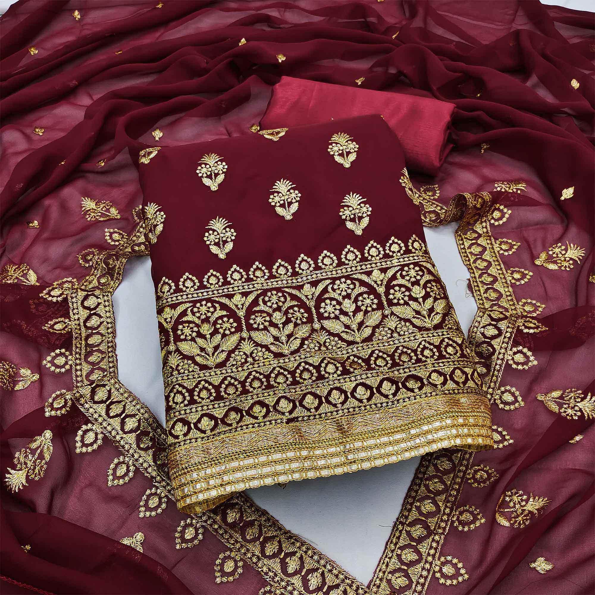Maroon Embroidered Georgette Dress Material - Peachmode