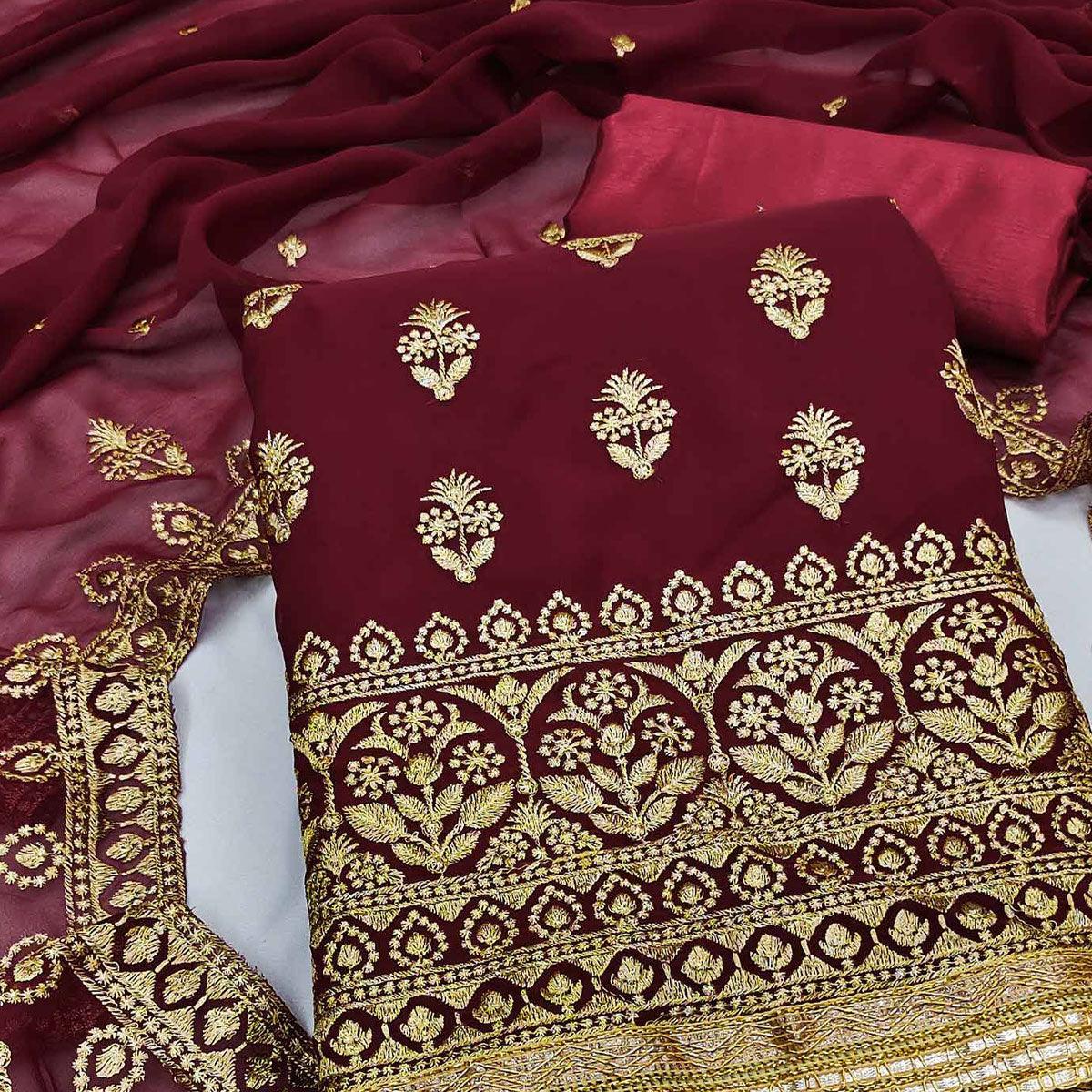Maroon Embroidered Georgette Dress Material - Peachmode