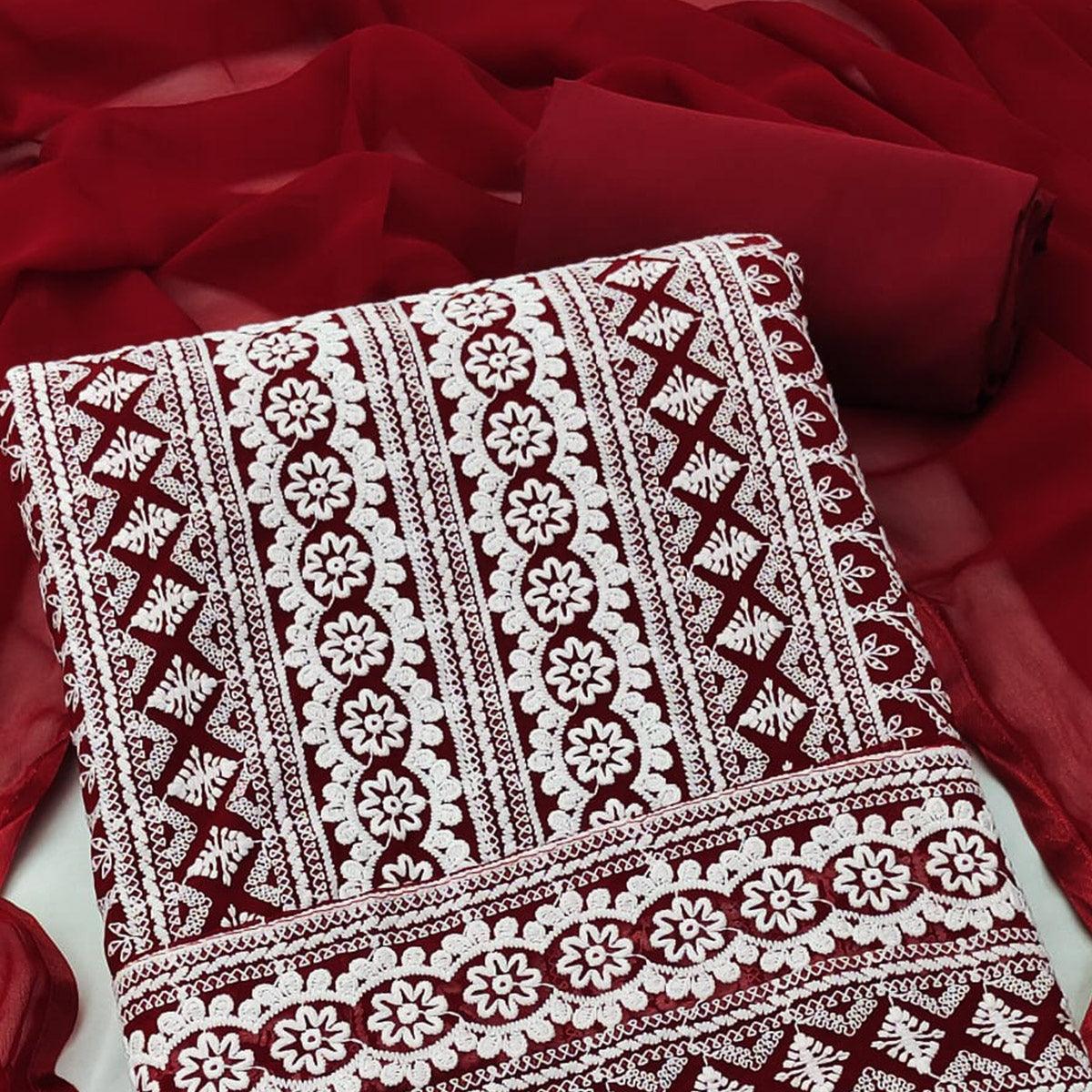 Maroon Embroidered Georgette Dress Material - Peachmode