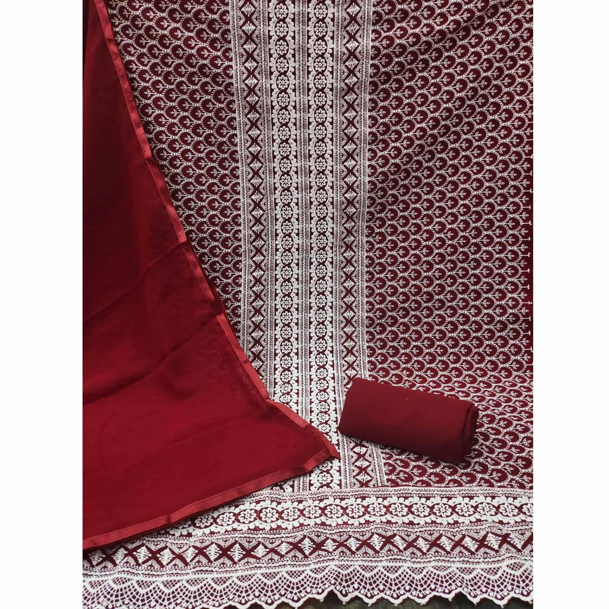 Maroon Embroidered Georgette Dress Material - Peachmode
