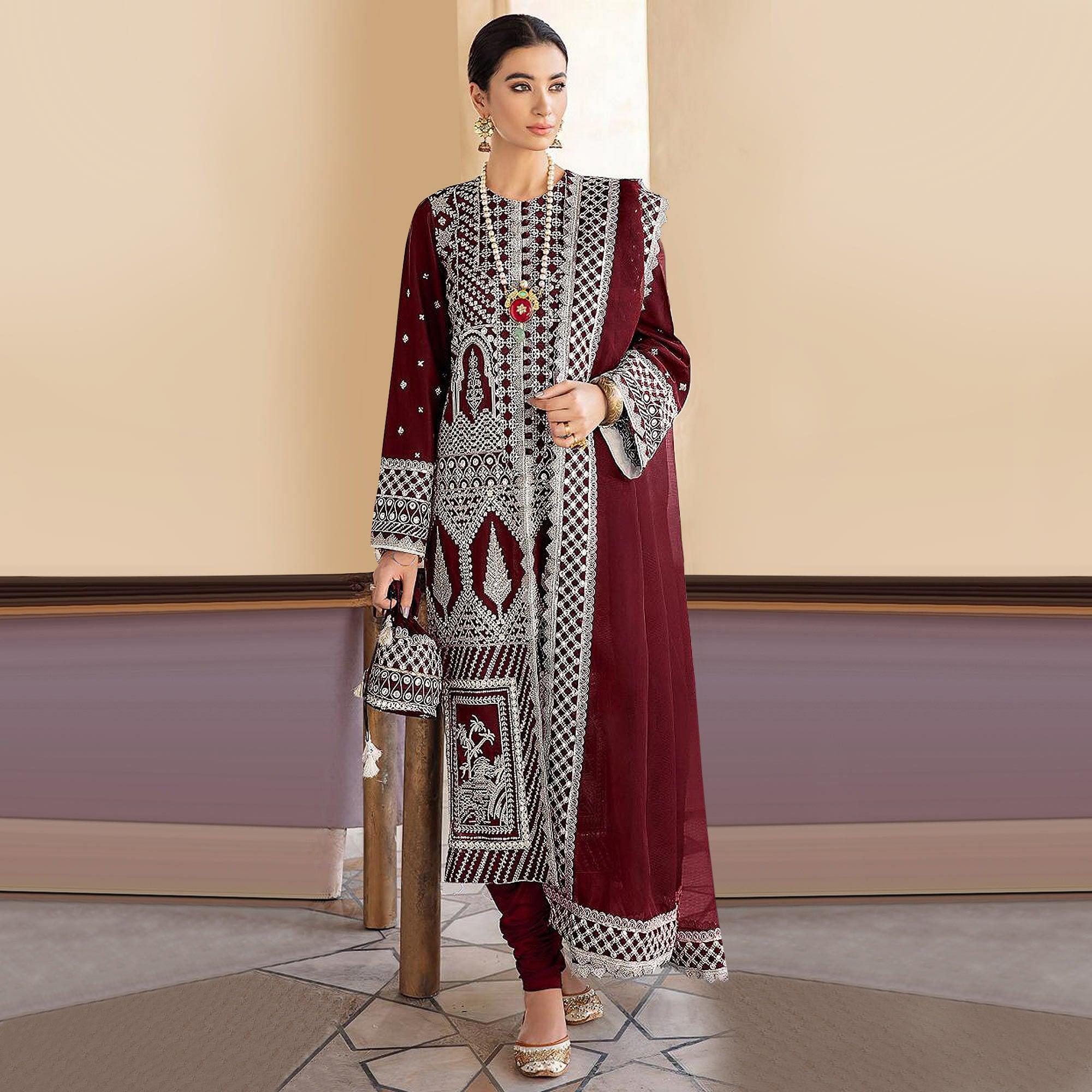 Maroon Embroidered Georgette Partywear Pakistani Suit - Peachmode