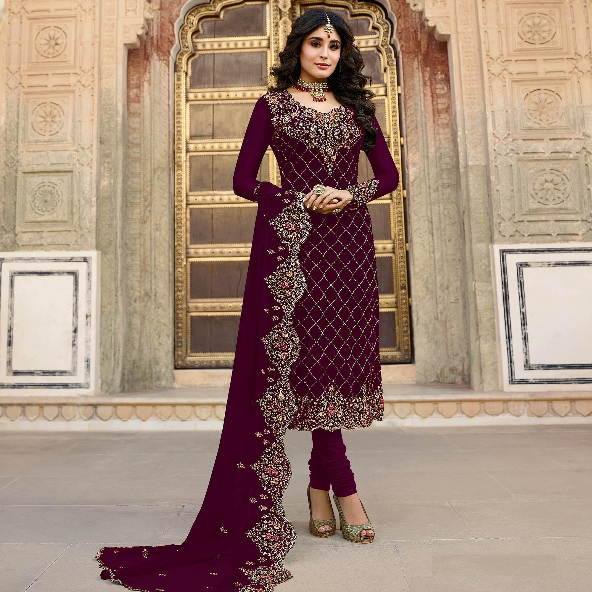 Maroon Embroidered Georgette Partywear Suit - Peachmode
