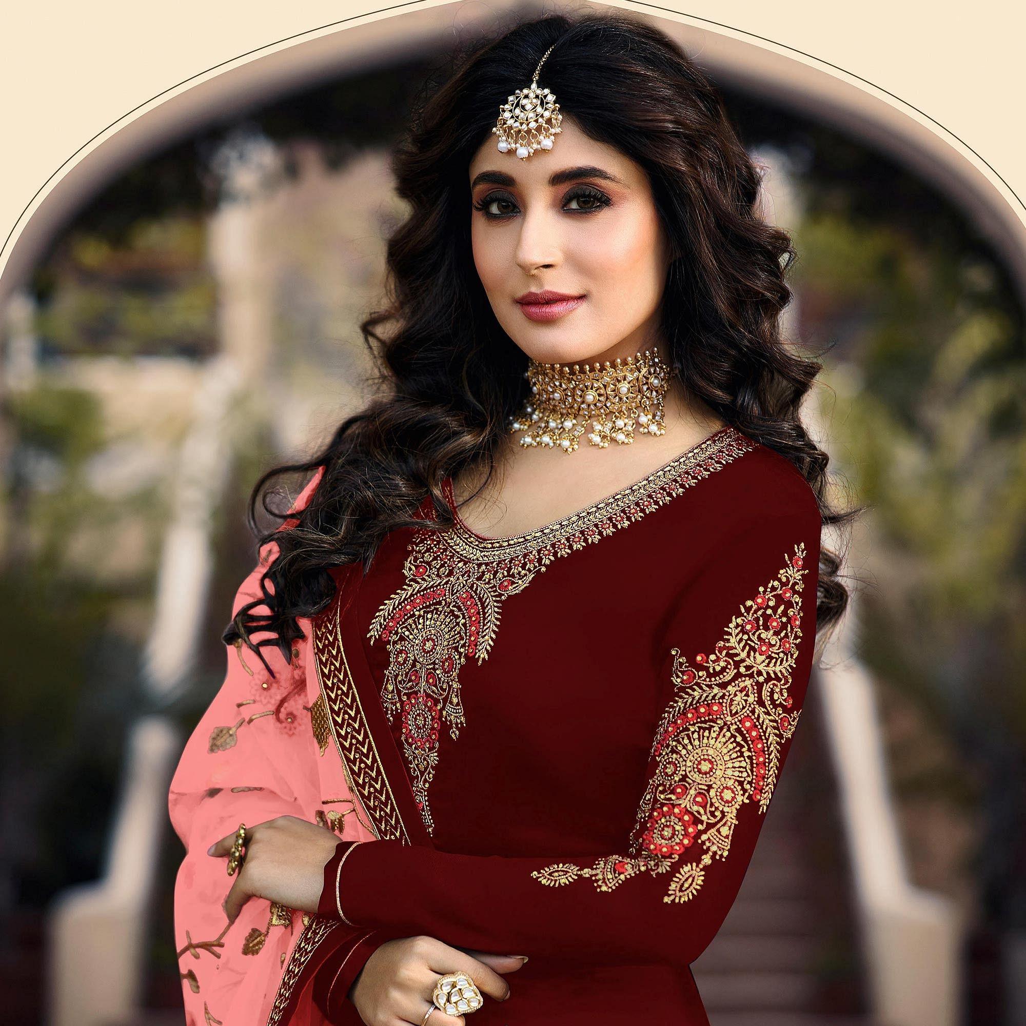 Maroon Embroidered Georgette Partywear Suit - Peachmode