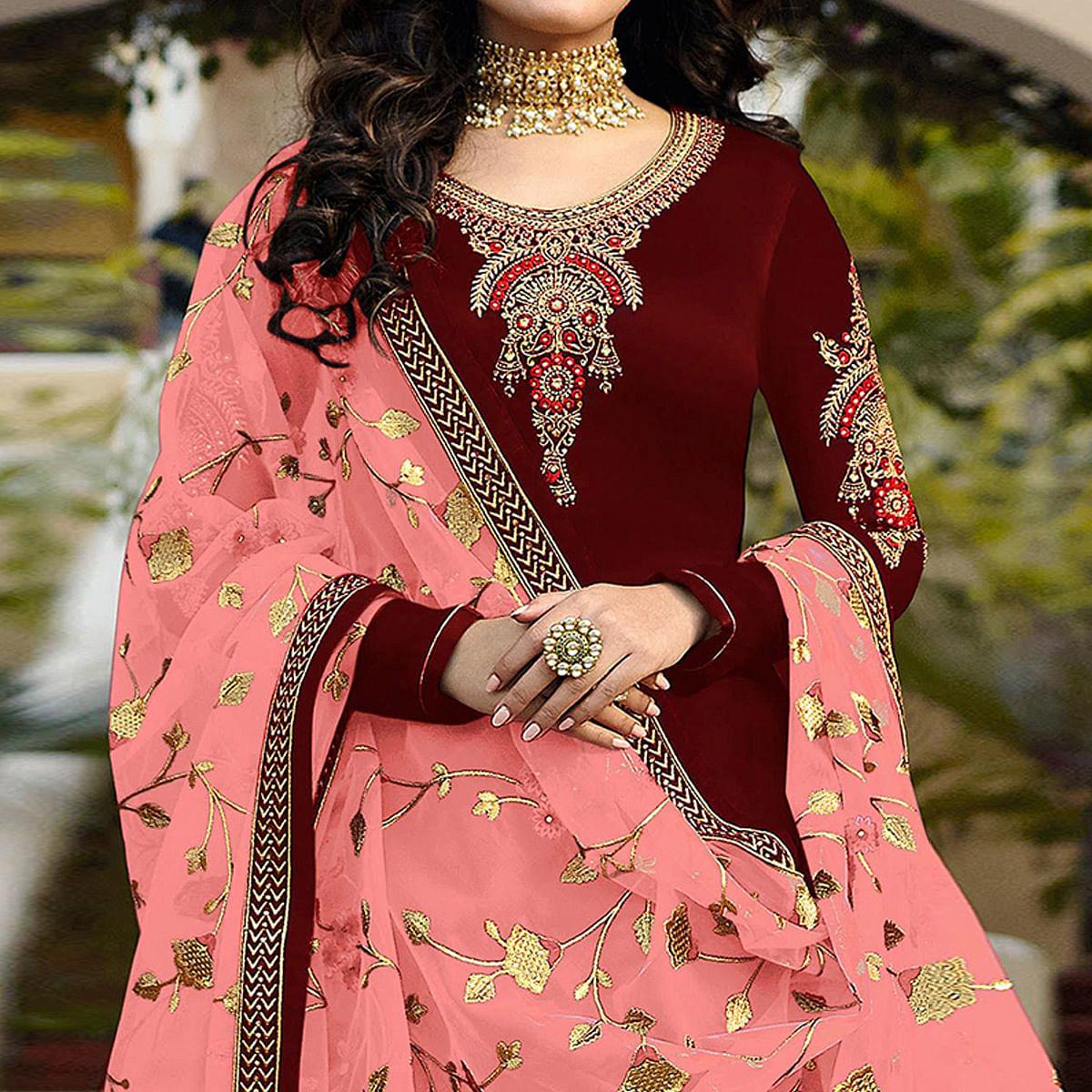 Maroon Embroidered Georgette Partywear Suit - Peachmode