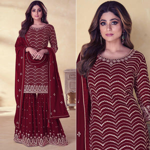 Maroon Embroidered Georgette Sharara Suit - Peachmode