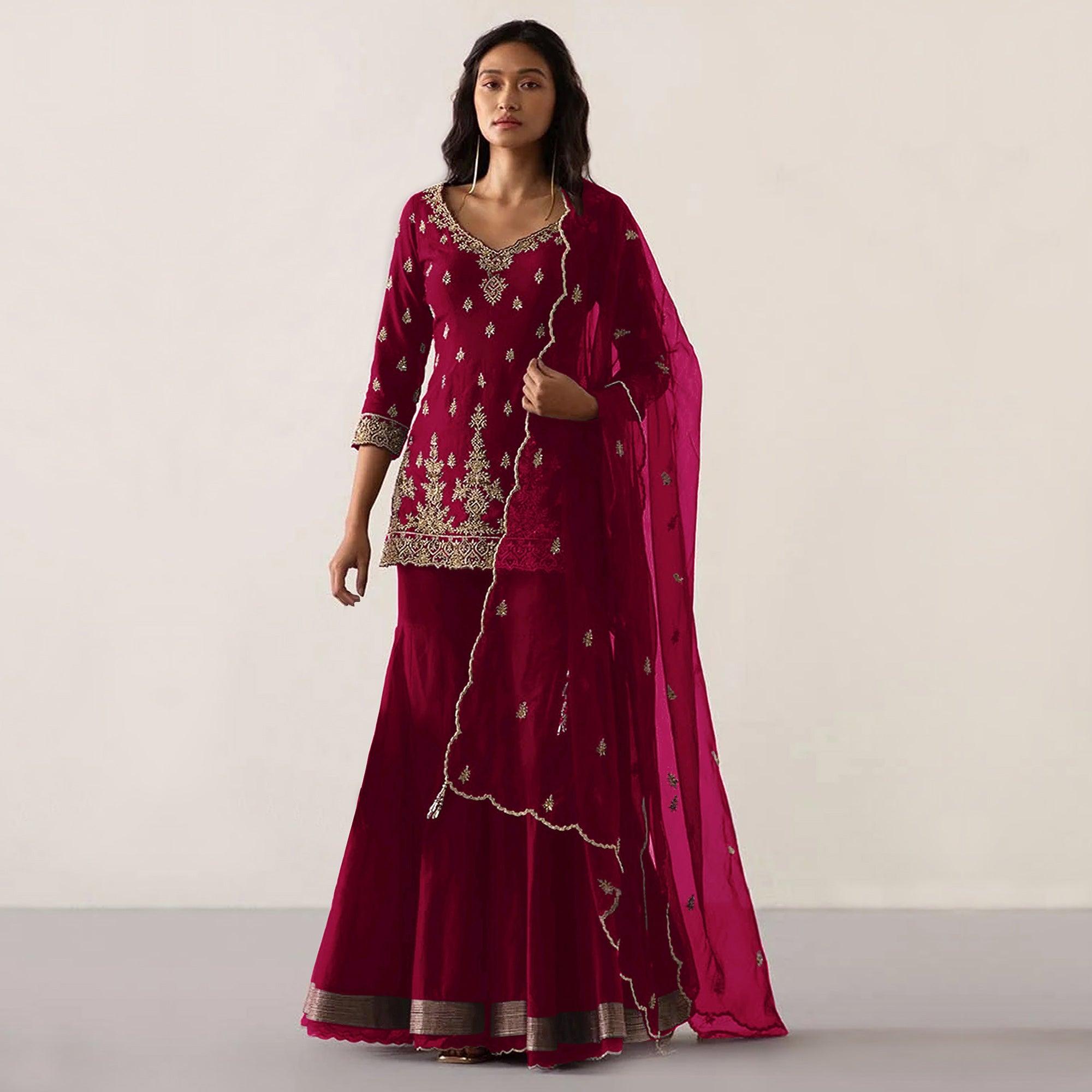 Maroon Embroidered Georgette Sharara Suit - Peachmode