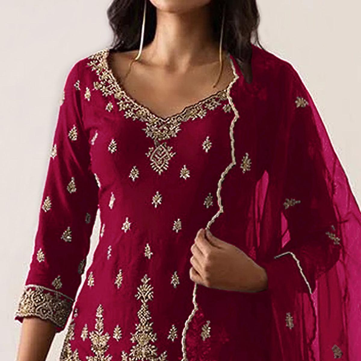 Maroon Embroidered Georgette Sharara Suit - Peachmode