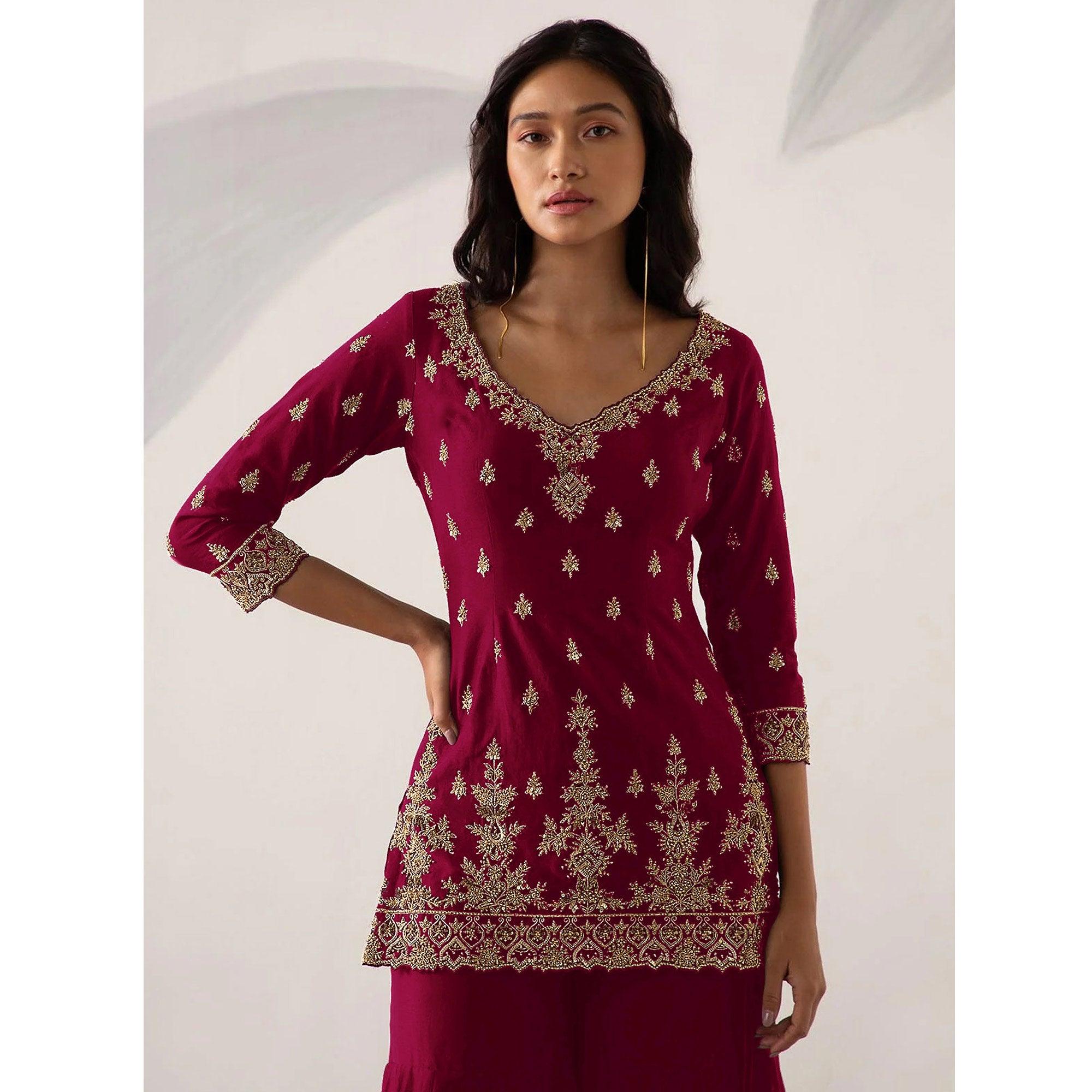 Maroon Embroidered Georgette Sharara Suit - Peachmode