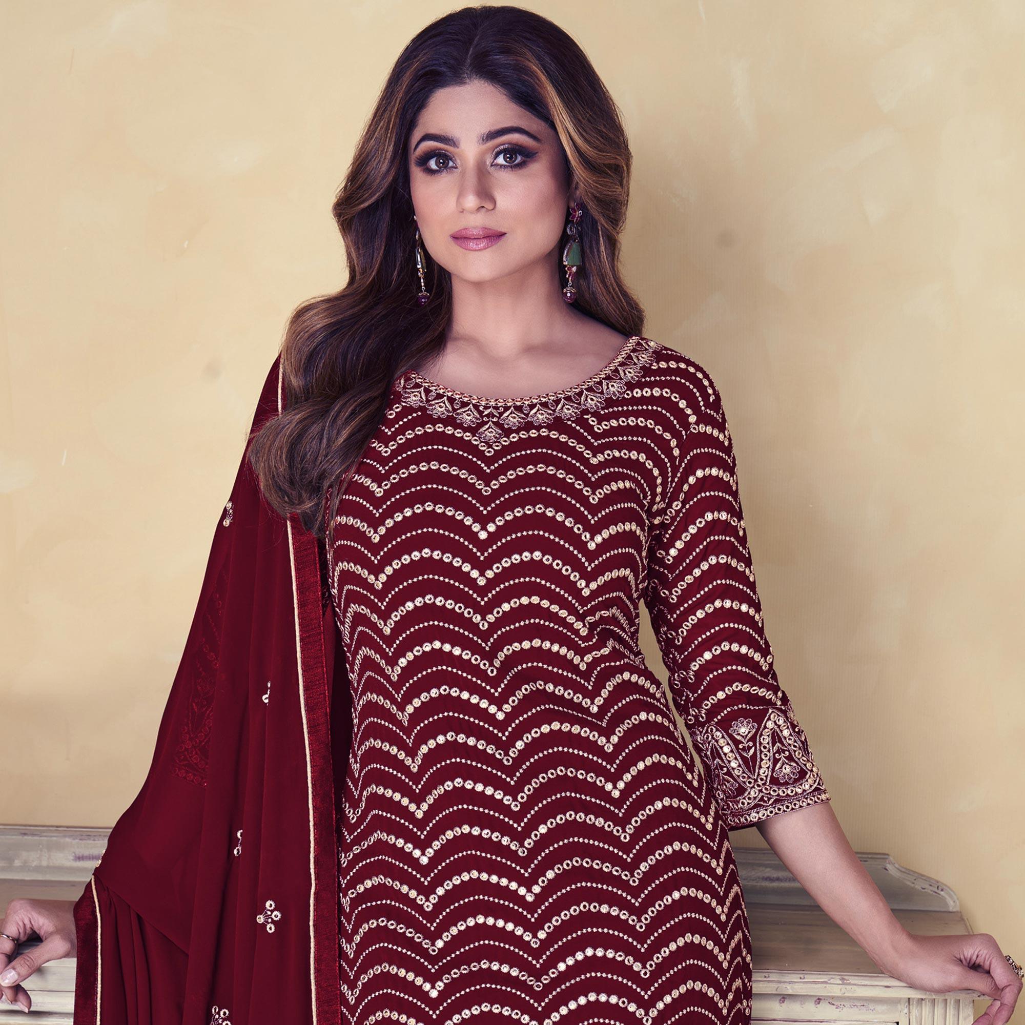 Maroon Embroidered Georgette Sharara Suit - Peachmode