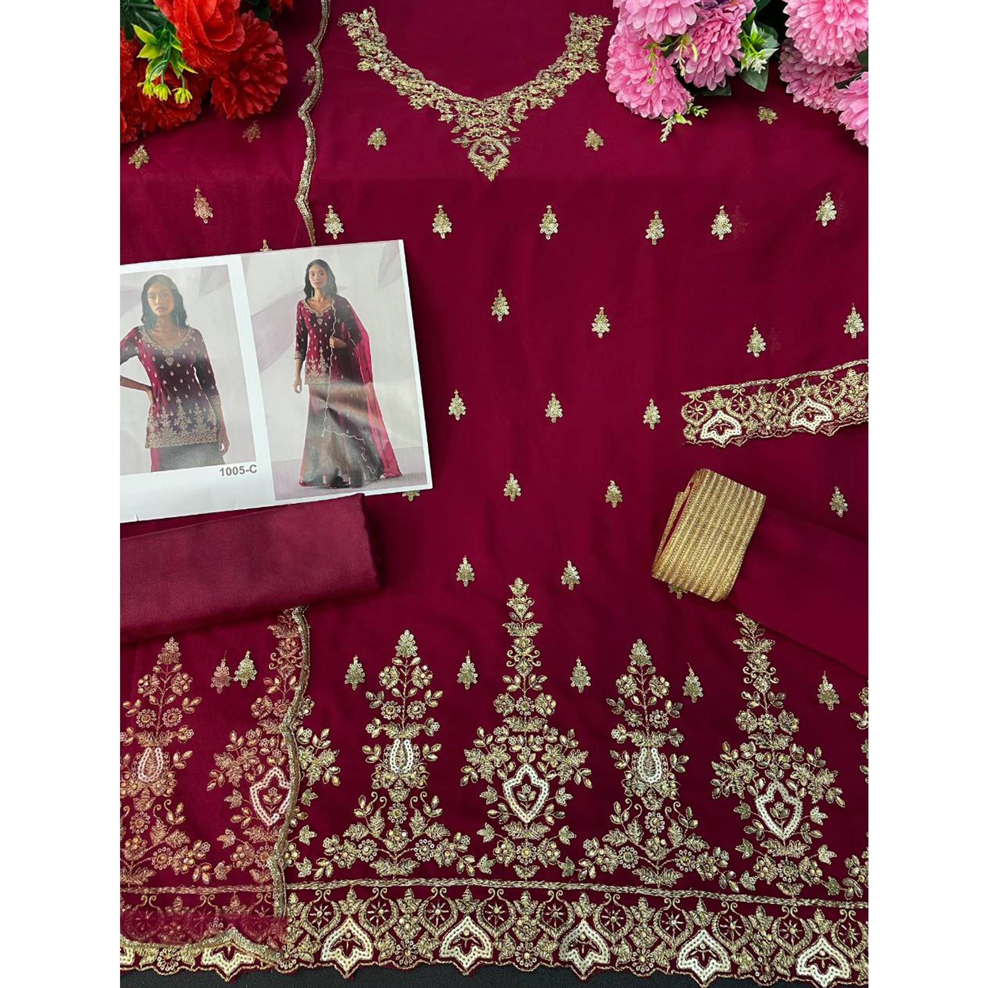Maroon Embroidered Georgette Sharara Suit - Peachmode