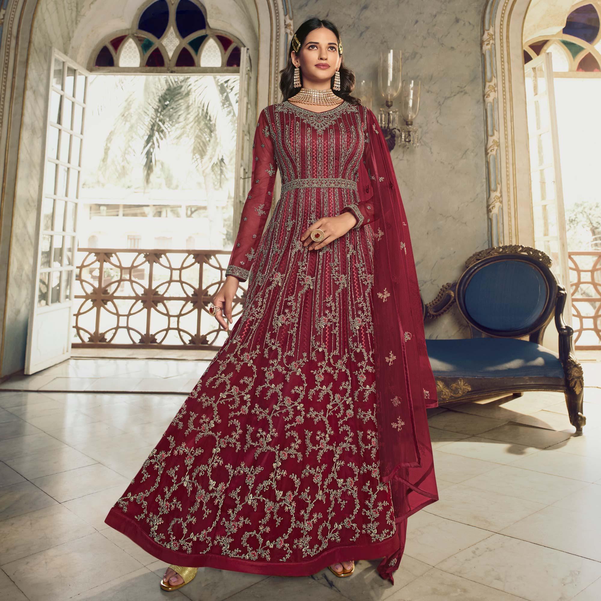 Maroon Embroidered Netted Anarkali Style Gown - Peachmode