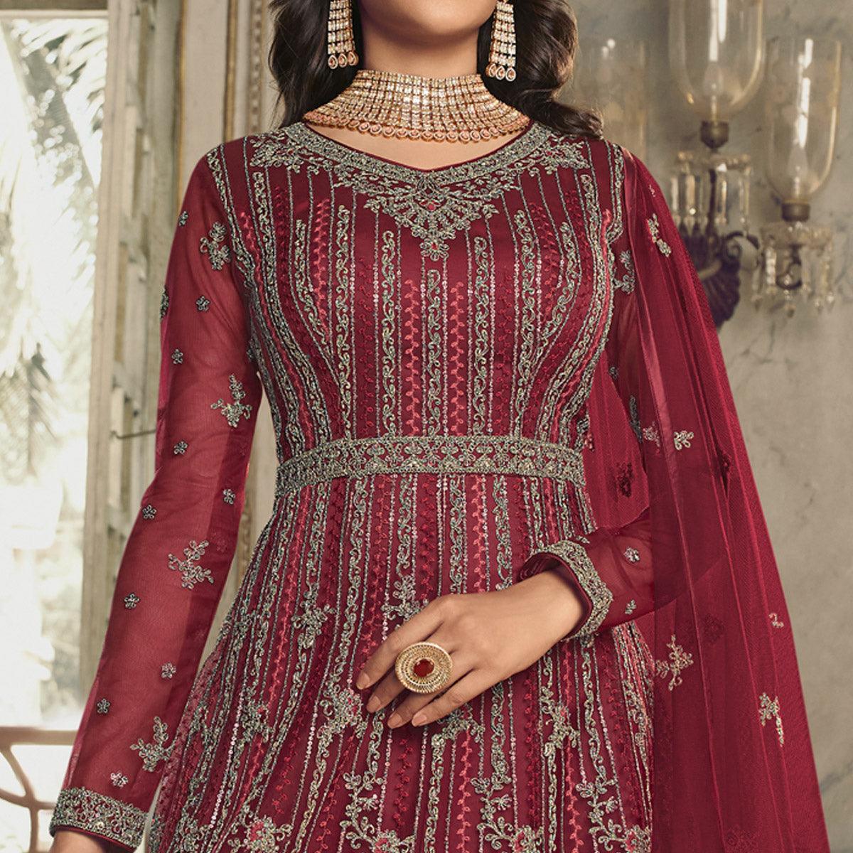 Maroon Embroidered Netted Anarkali Style Gown - Peachmode