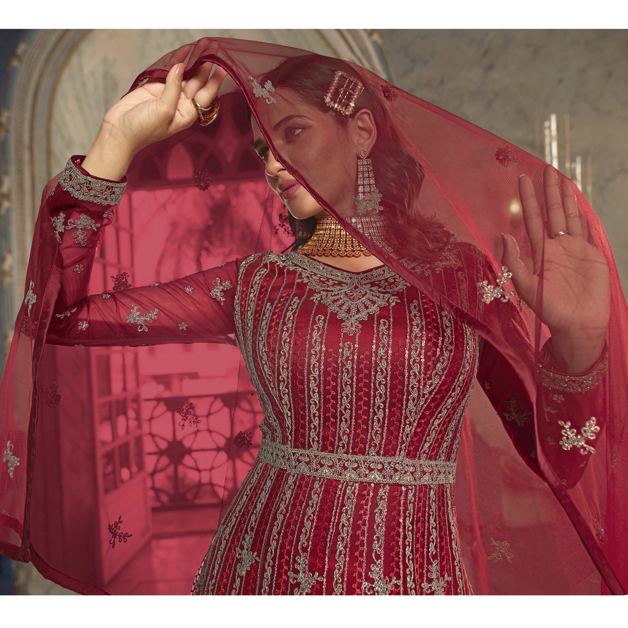 Maroon Embroidered Netted Anarkali Style Gown - Peachmode