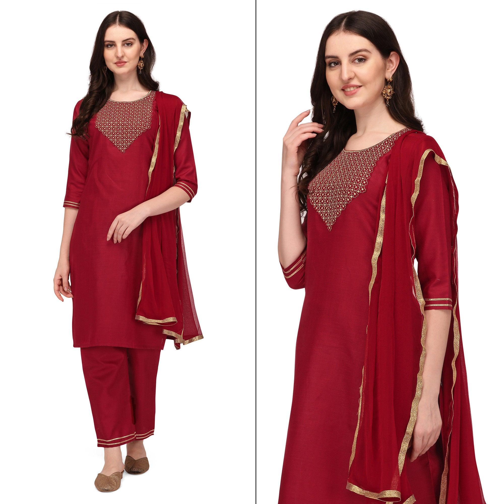 Maroon Embroidered Poly Cotton Kurti Pant Set With Dupatta - Peachmode