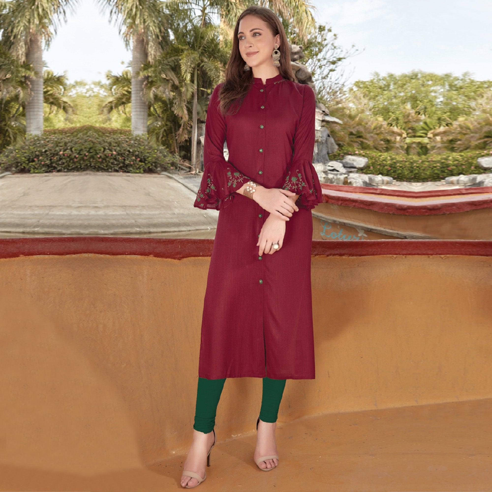 Maroon Embroidered Poly Cotton Kurti - Peachmode