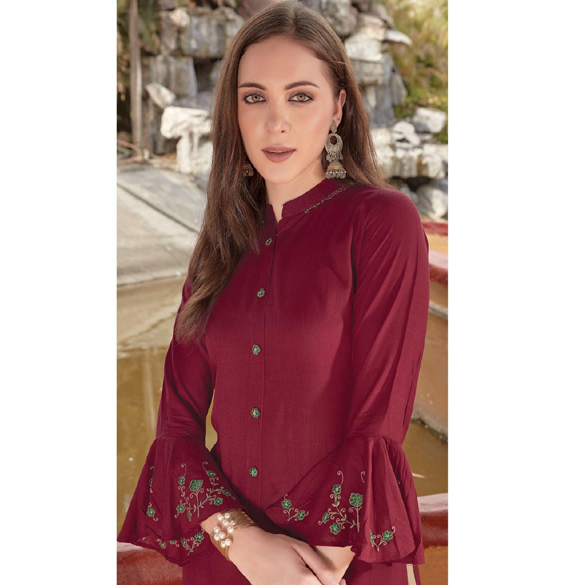 Maroon Embroidered Poly Cotton Kurti - Peachmode