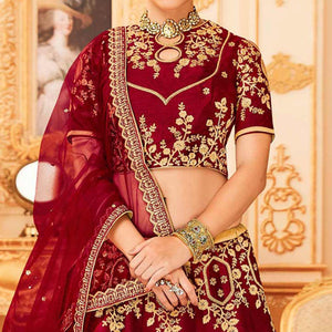 Maroon Embroidered Raw Silk Lehenga Choli - Peachmode