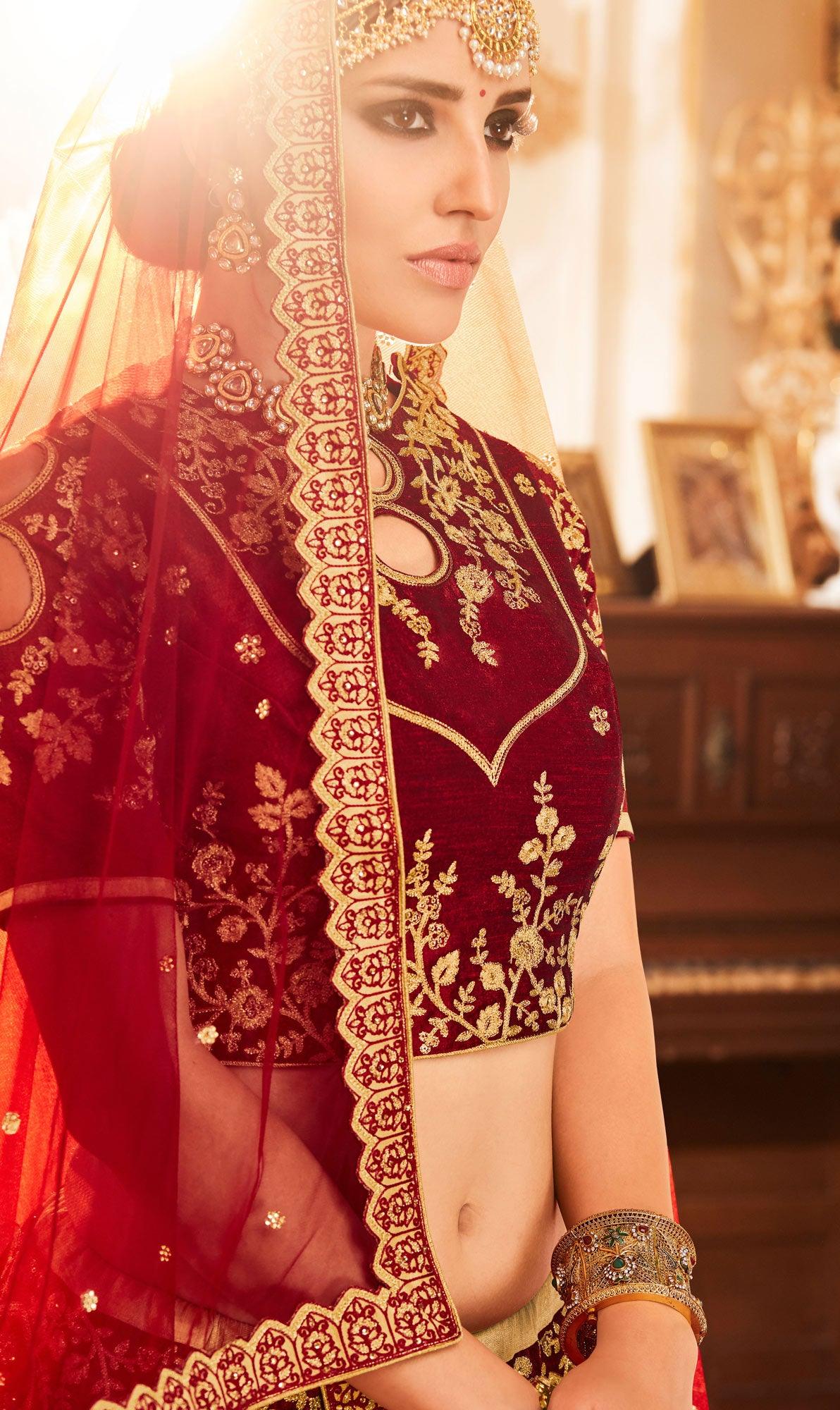 Maroon Embroidered Raw Silk Lehenga Choli - Peachmode