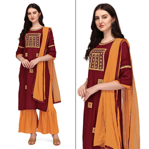 Maroon Embroidered Rayon Palazzo Suit - Peachmode