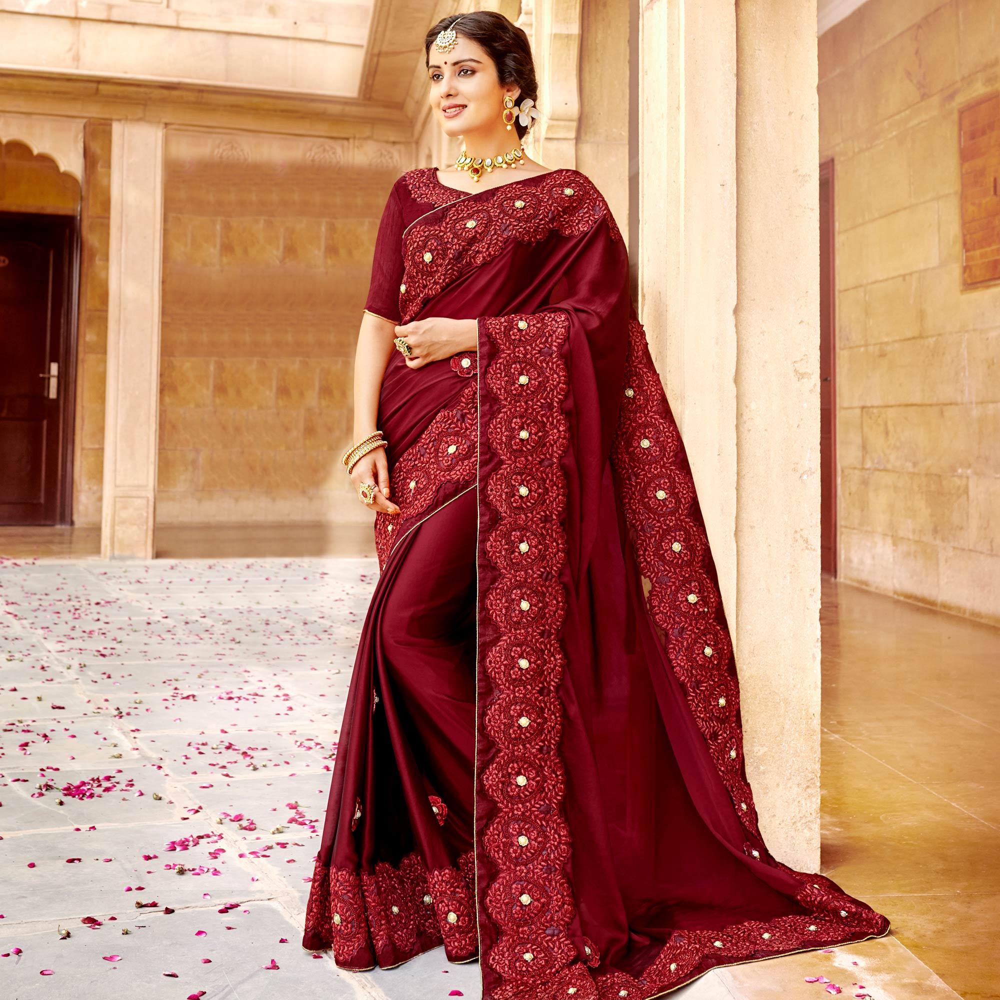 Maroon Embroidered Satin Saree - Peachmode