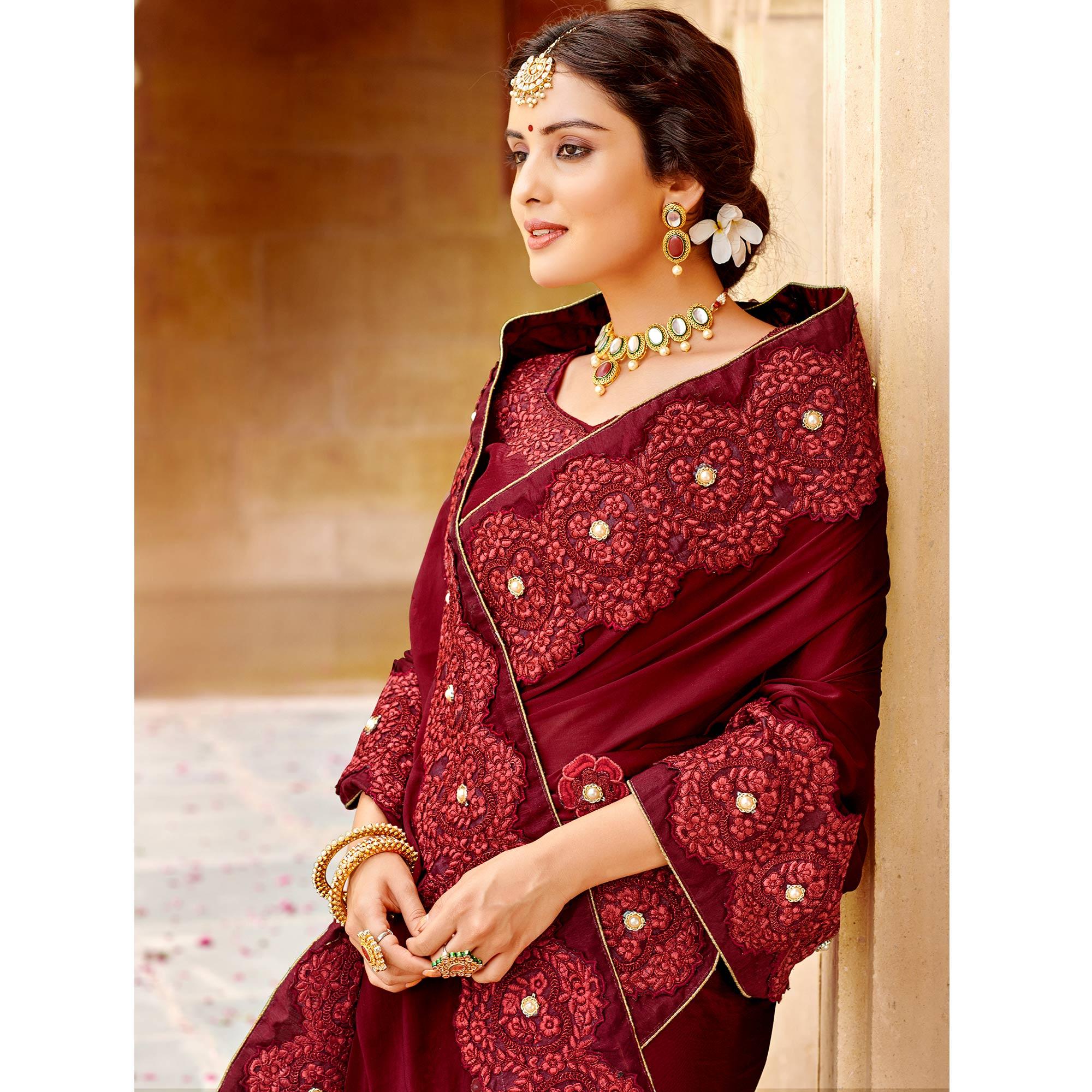 Maroon Embroidered Satin Saree - Peachmode