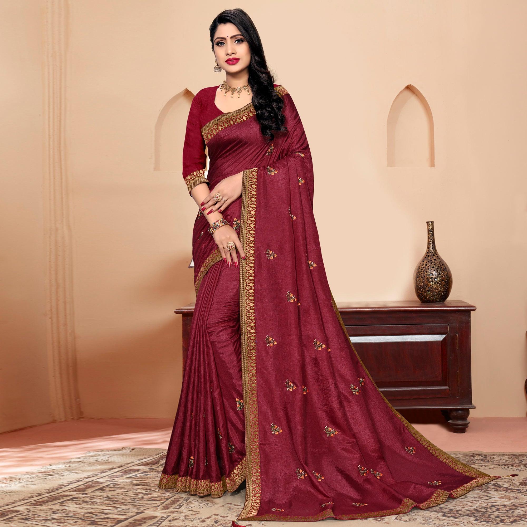 Maroon Embroidered Vichitra Silk Saree - Peachmode