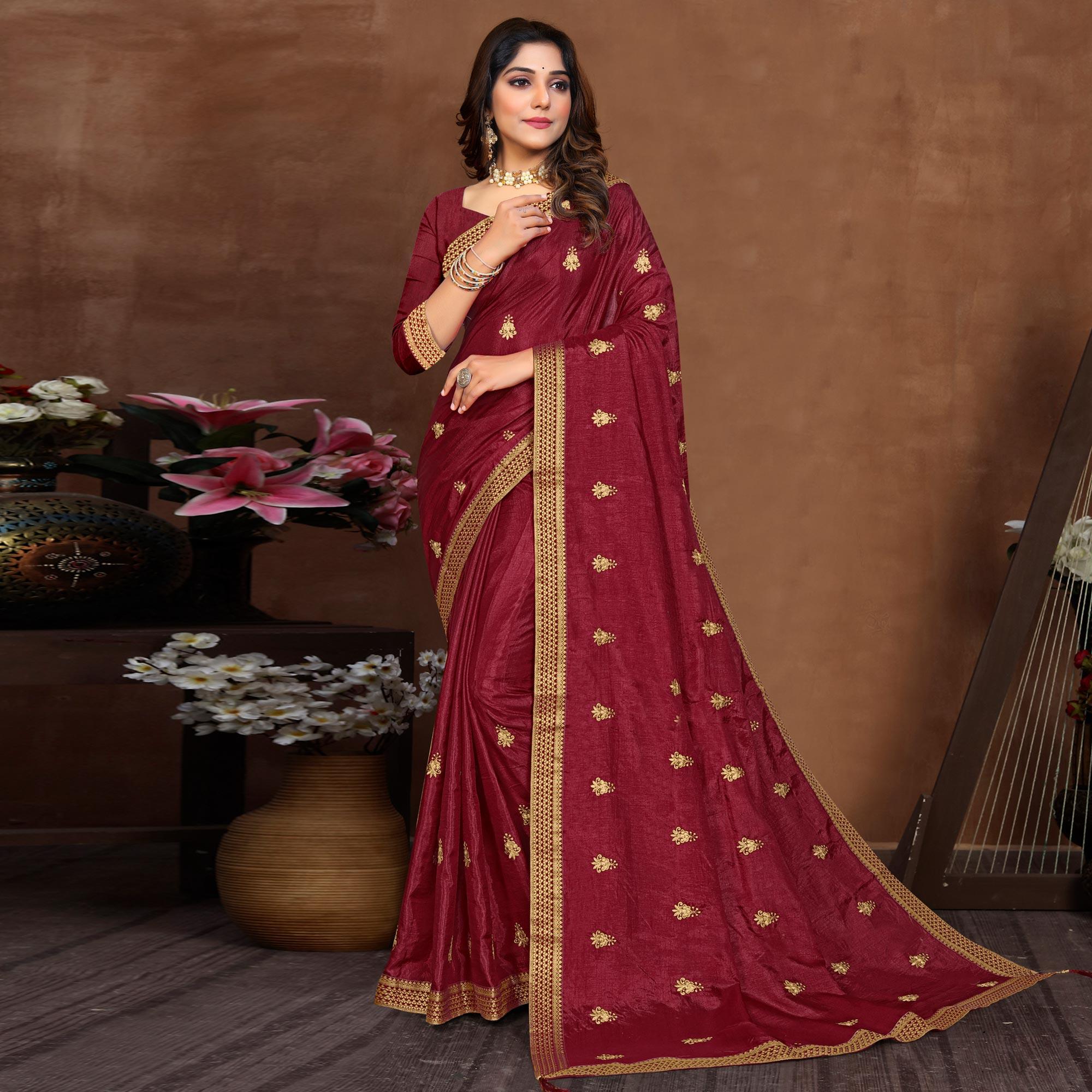 Maroon Embroidered Vichitra Silk Saree - Peachmode