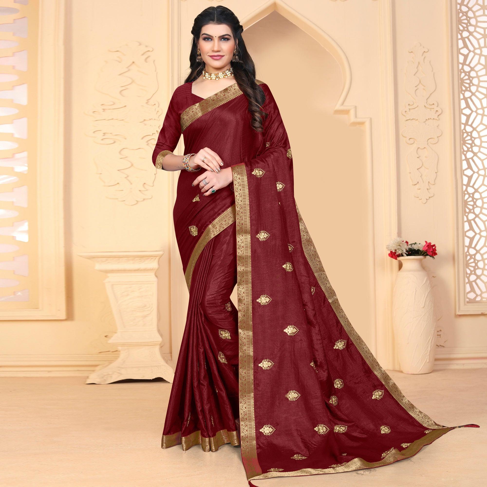 Maroon Embroidered Vichitra Silk Saree - Peachmode