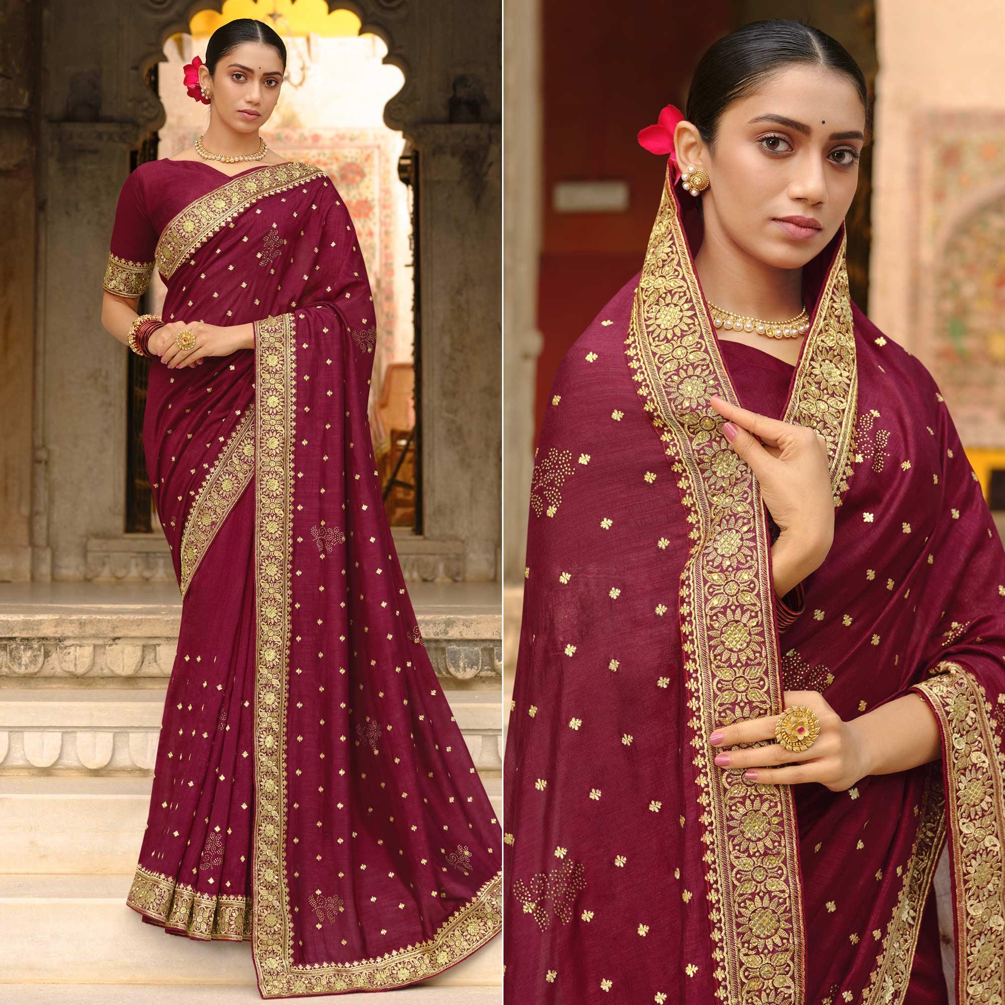 Maroon Embroidered Vichitra Silk Saree - Peachmode