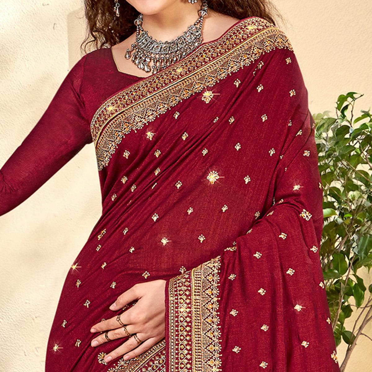 Maroon Embroidered Vichitra Silk Saree - Peachmode