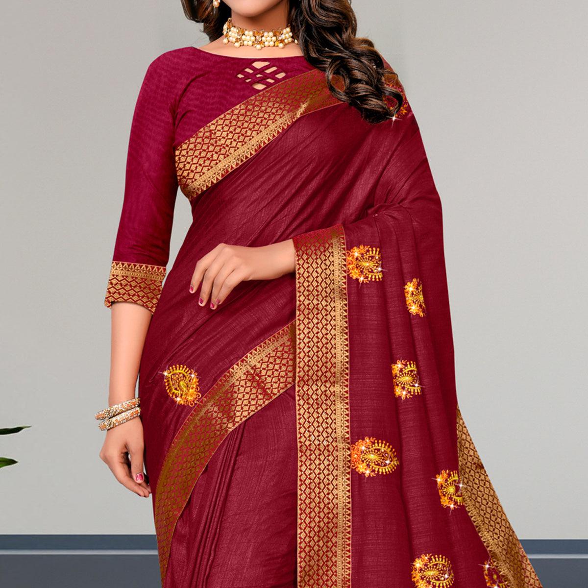 Maroon Embroidered Vichitra Silk Saree - Peachmode