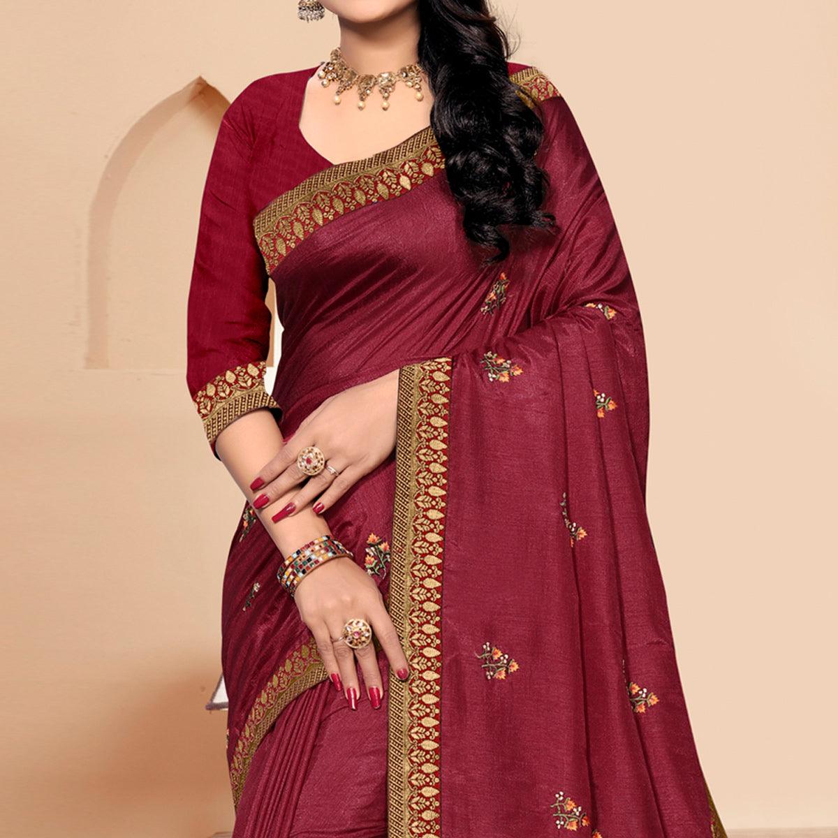 Maroon Embroidered Vichitra Silk Saree - Peachmode