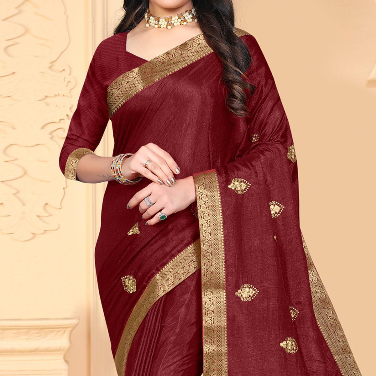 Maroon Embroidered Vichitra Silk Saree - Peachmode