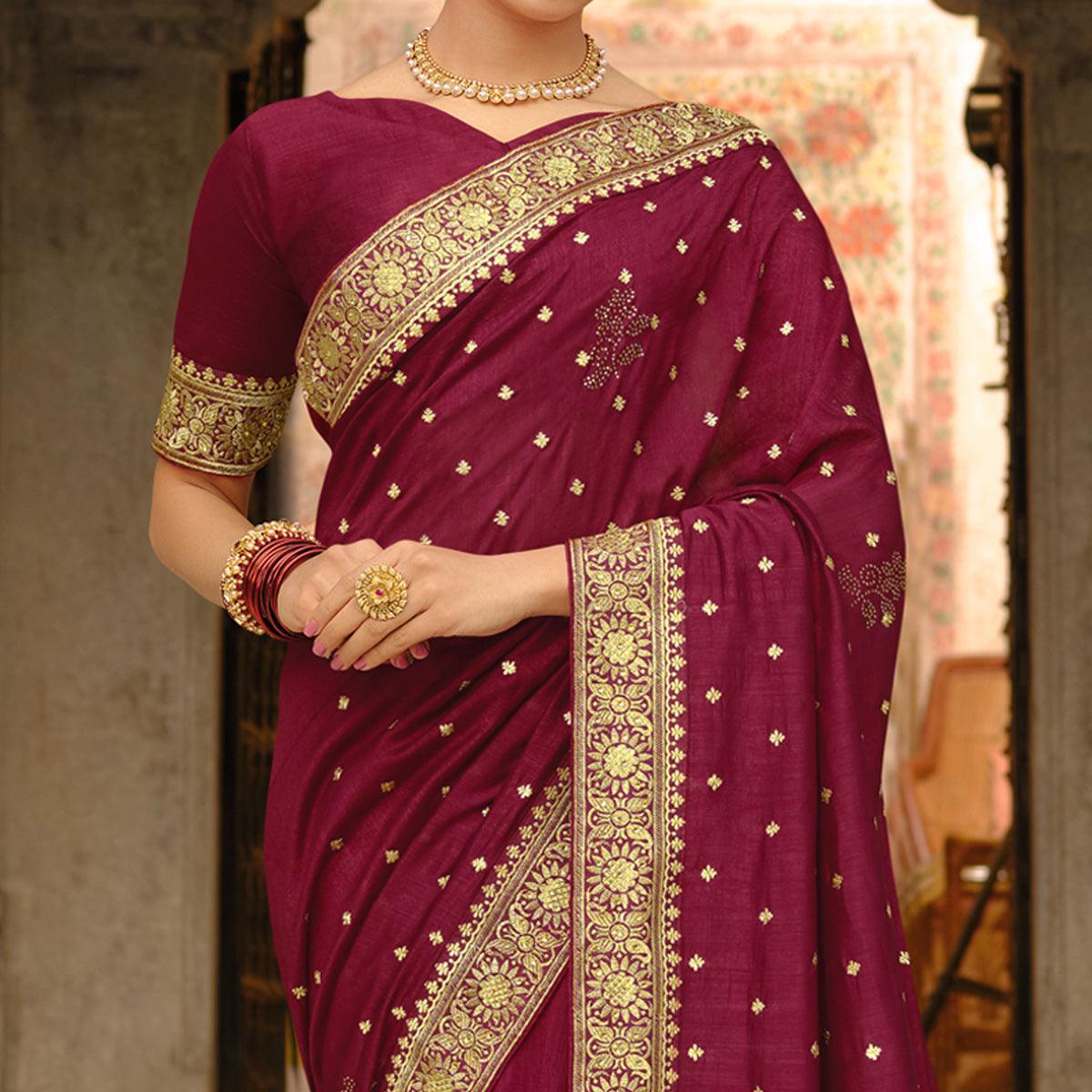 Maroon Embroidered Vichitra Silk Saree - Peachmode