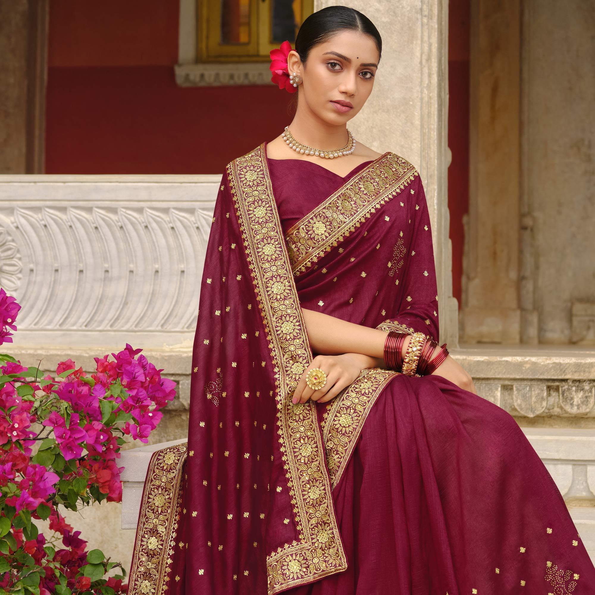 Maroon Embroidered Vichitra Silk Saree - Peachmode