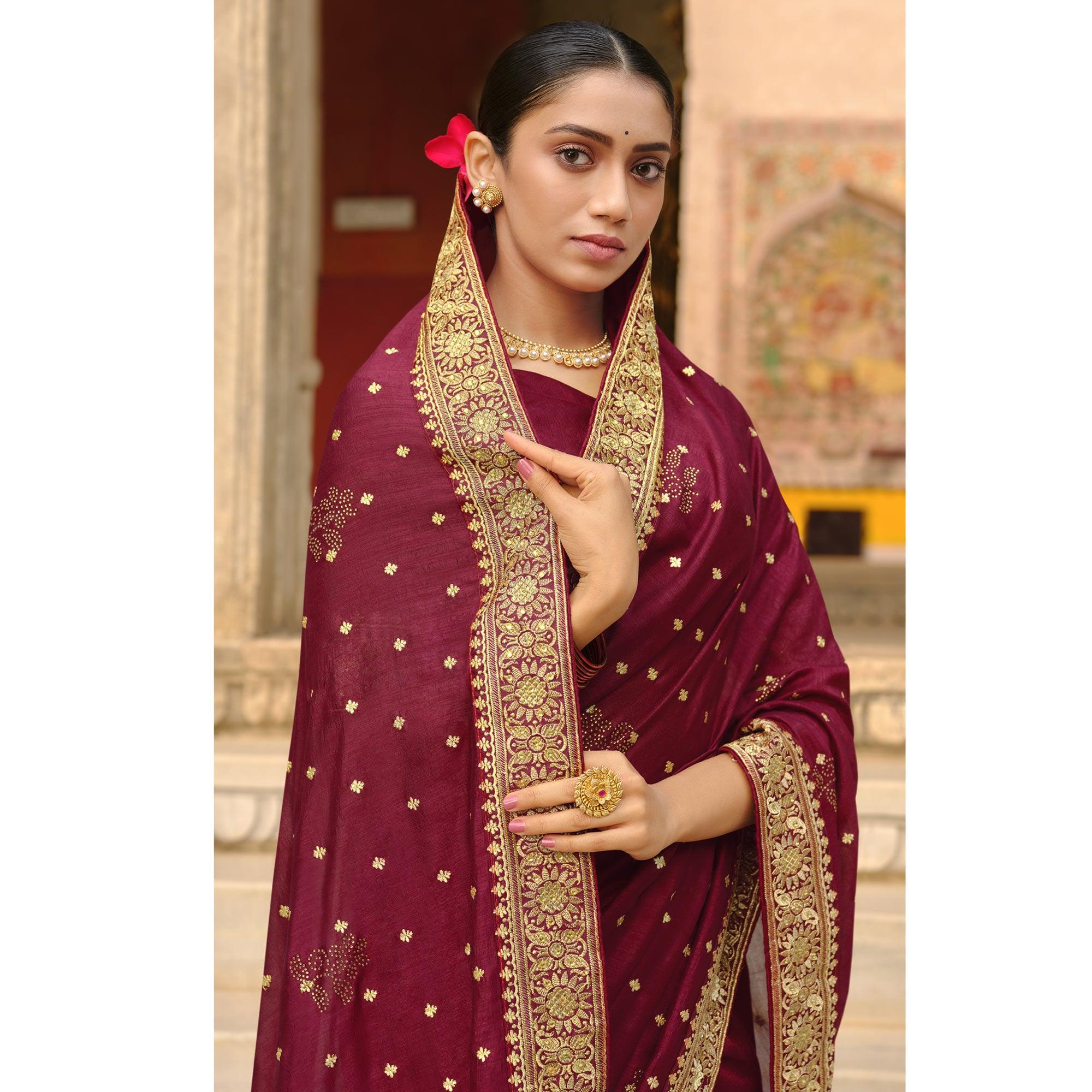 Maroon Embroidered Vichitra Silk Saree - Peachmode